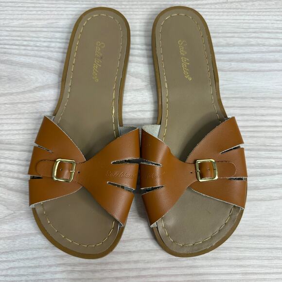 Salt Water Sandals WMNS 9 Hoyway Classic Slides Tan Leather Slip On Flat Buckle - Picture 7 of 11